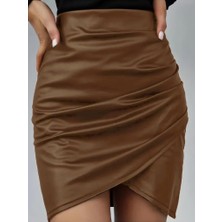 Gökyüzü Moda Kadın Yüksek Bel Yandan Fermuarlı Pileli Mini Deri Etek