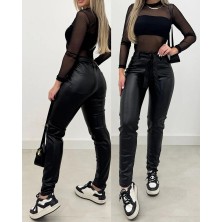 Arben Boutique Kadın Yüksek Bel Kuşaklı Deri Pantolon