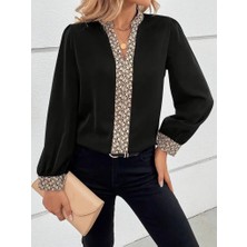 Nidam Butik Kadın Uzun Kollu V Hakim Yakalı Desenli Ithal Krep Bluz