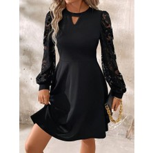 Arben Boutique Kadın Uzun Kollu Yuvarlak Damla Detaylı Kolları Tül Detaylı Kısa Ithal Krep Elbise