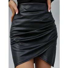 Balmior Kadın Yüksek Bel Yandan Fermuarlı Pileli Mini Deri Etek