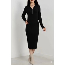 K&A Fermuar Detaylı Fitilli Şardonlu Elbise Siyah