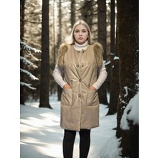 Velmora Fashion Kadın Kolsuz Hakiki Deri Kürk - Krem