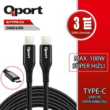 Binbir Göz Bilgisayar Qport Q-Type-C3 3m Type-C 100W Şarj ve Data Kablosu