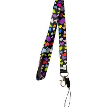 Siyah Zeminde Renkli Kalpler Boyun Askı Ipi (B33)