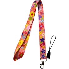 Pembe Zeminde Renkli Çiçekler Temalı Boyun Askı Ipi (B90)