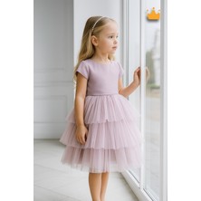Baby Hola 4-8 Yaş Inci Taçlı Katlı Tül Etekli Kız Bebek Çocuk Abiye Elbise Bayramlık Gelinlik Lila 6572