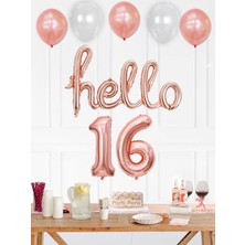 Parti Pera 16 Yaş Hello Folyo Balon Seti Yaş Rakam Folyo Balon Rose Gold Doğum Günü Balon Seti