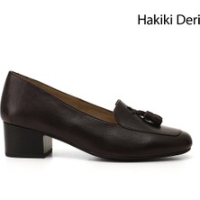 GÖNDERİ Kadın Kahve Antik  Küt Burun Kısa Kalın Topuklu Hakiki Deri Ayakkabı