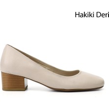 GÖNDERİ Kadın Antik Bej  Kısa Kalın Topuklu Hakiki Deri Ayakkabı
