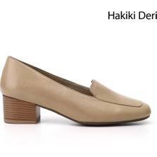 GÖNDERİ Kadın Nude  Küt Burun Kısa Kalın Topuklu Hakiki Deri Ayakkabı