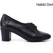 GÖNDERİ Kadın Lacivert  Bağcıklı Kalın Topuklu Hakiki Deri Oxford Ayakkabı
