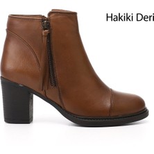GÖNDERİ Kadın Taba  Fermuarlı Kalın Topuklu Hakiki Deri Bot