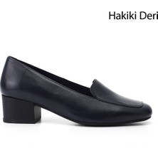 GÖNDERİ Kadın Lacivert  Küt Burun Kısa Kalın Topuklu Hakiki Deri Ayakkabı