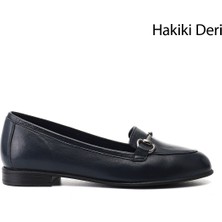 GÖNDERİ Kadın Lacivert  Hakiki Deri Tokalı Babet