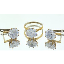 Hit Dükkan Otantik Tasarım Gümüş Bronz Özel Kesim El Işçiliği Parlak Taşlı Küpe Yüzük Seti MOD76