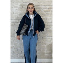 Muna Boutique Lacivert Kot Detaylı Önden Fermuarlı Kadın Alt Üst Takım