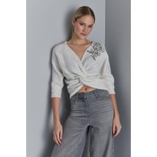 Centilmen Join Us Nakış Detaylı Büzgülü Gri Triko Kazak W147