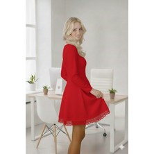 Nake Butik Kadın Beyaz Uzun Kollu Dantel Detaylı Kloş Elbise