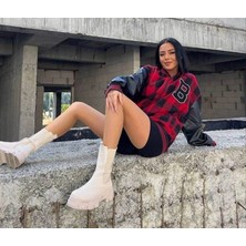 Velmora Fashion Kadın Pötikare Desen Nakışlı Kolej Ceket - Kırmızı