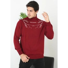 Velmora Fashion Baskılı Tam Boğazlı Uzun Kol Dokuma Triko - Bordo