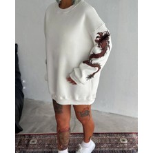 Velmora Fashion Kadın Bisiklet Yaka Baskılı Sweatshirt - Beyaz