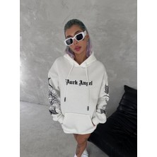 Velmora Fashion Üç Iplik Uzun Kol Kapüşonlu Baskılı Sweatshirt - Beyaz