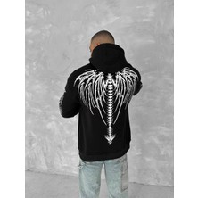 Velmora Fashion Üç Iplik Uzun Kol Kapüşonlu Baskılı Sweatshirt - Siyah