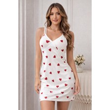 Süsen Lingerie Kırmızı Kalp Desenli Kadın Rahat Gecelik, Askılı Kadın Kaliteli Gecelik Bbb