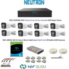 Neutron 2mp 8 Kameralı Sesli Dış Ortam Ahd Full Kamera Seti 2tb Disk NEU-XVR108-FHD NEU-AB102-28-CA