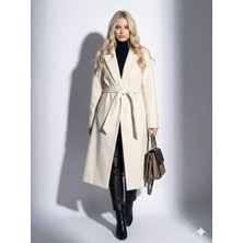 Ribana Classic Kadın Sakallı Dokulu Kruvaze Yaka Astarlı Cep Detaylı Kuşaklı  Düğmeli Tam Kalıp Fox Kaban