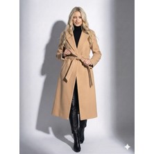 Ribana Classic Kadın Sakallı Dokulu Kruvaze Yaka Astarlı Cep Detaylı Kuşaklı  Düğmeli Tam Kalıp Fox Kaban