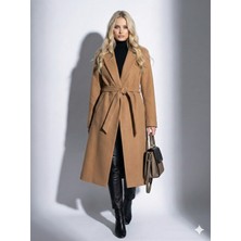 Ribana Classic Kadın Sakallı Dokulu Kruvaze Yaka Astarlı Cep Detaylı Kuşaklı  Düğmeli Tam Kalıp Fox Kaban