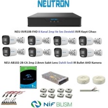 Neutron 2mp 8 Kameralı Sesli Dış Ortam Ahd Full Kamera Seti 1tb Disk NEU-XVR108-FHD NEU-AB102-28-CA
