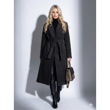 Ribana Classic Kadın Sakallı Dokulu Kruvaze Yaka Astarlı Cep Detaylı Kuşaklı  Düğmeli Tam Kalıp Fox Kaban