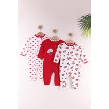 Kidello Kırmızı Erkek Bebek %100 Pamuklu Fermuarlı 3'lü Mantar Kirpi Desenli Manşetli Tulum SETI(9AY 12AY 18AY)