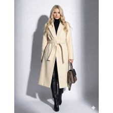 Ribana Classic Kadın Sakallı Dokulu Kruvaze Yaka Astarlı Cep Detaylı Kuşaklı  Düğmeli Tam Kalıp Fox Kaban