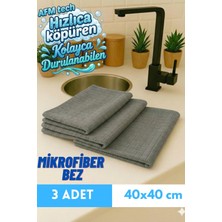 Afm Tech ( 3 Adet ) Mikrofiber Gri Kareli Temizlik Bezi | Cam, Mutfak, Banyo, Araba 40*40CM
