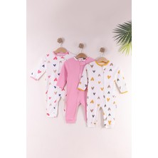 Kidello Pembe Kız Bebek %100 Pamuklu Fermuarlı 3'lü Kalpli Desenli Manşetli Tulum Seti (9Ay 12Ay 18Ay)