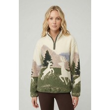 Sibel Günay Butik Kadın Standart Beden Geyik Desenli Polar Sweatshirt