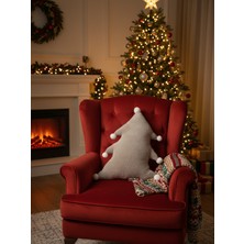 Türkühome Yılbaşı Temalı Çam Ağacı Formunda Kar Tanesi Ponpon Detaylı Dekoratif Kırlent