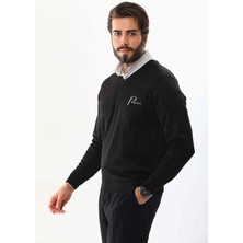 Velmora Fashion Baskılı V Yaka Uzun Kol Dokuma Triko - Siyah