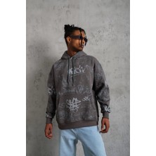 Velmora Fashion Erkek Baskılı Kapüşonlu Ribanalı Sweat - Gri