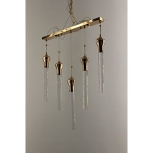 GN Gen Aydınlatma Lüks Gold Taçlı Jole Kristal Parçalı Ince 5'li Sıralı Serisi Modern LED Avize