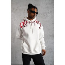 Velmora Fashion Erkek Ön ve Arka Baskılı Kapüşonlu 3 Iplik Sweatshirt - Beyaz