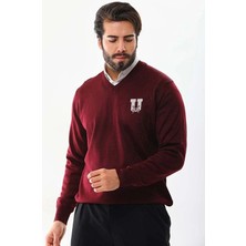 Velmora Fashion Baskılı V Yaka Uzun Kol Dokuma Triko - Bordo