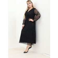 Modayız Siyah Dantel Detaylı Kruvaze Yaka Uzun Kollu Abiye Elbise 21C-2764