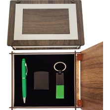 Zenvia Özel Ahşap Kutulu Yeşil Anahtarlık Kalem ve Çakmak Set (ZNV-5456)
