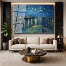 GülsenArt Vincent Van Gogh Rhône Üzerinde Yıldızlı Gece Romantik Nehir Resmi Temperli Cam Tablo Duvar Tablosu Dekoratif Tablo