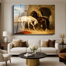 GülsenArt Alfred Wörle Ahırdaki Atlar Hayvan Resmi Temperli Cam Tablo Duvar Tablosu Dekoratif Tablo